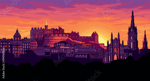 Pixel art cityscape at sunset with dramatic sky and historic architecture