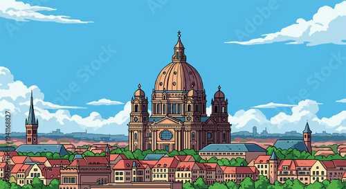 Pixel art cityscape with historic cathedral and red rooftops under a blue sky