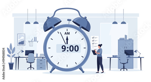 Alarm Clock Displaying 9 AM in a Modern Office Setting with a Woman.