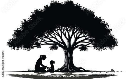 Mother and child sitting under large oak tree silhouette, peaceful family moment in nature, parenting love vector,