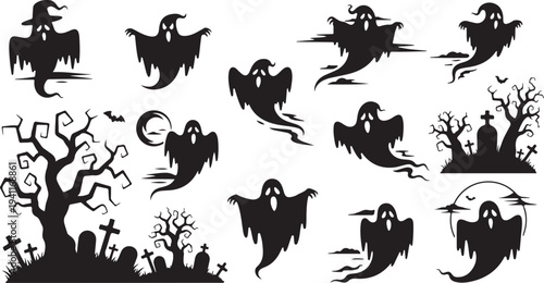 Halloween Ghosts Silhouettes Flying Around Graveyard at Night Time