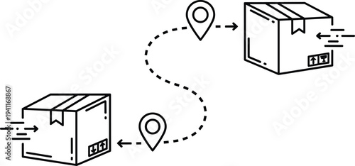 Package delivery icons, shipping boxes, logistics route, courier service, parcel tracking, e-commerce transport, location pins, vector illustration, black design, motion
