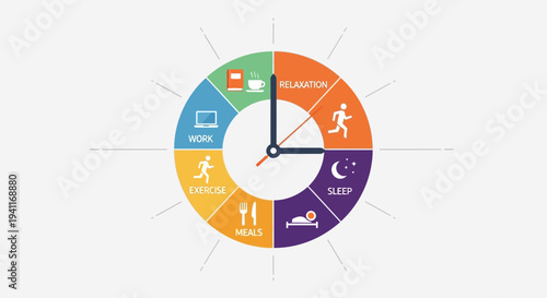 Clock face illustrating a daily routine with icons for activities.