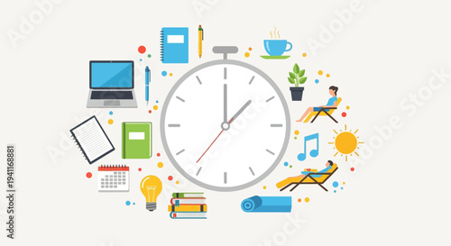 Clock Surrounded by Work and Leisure Items Time Management and Productivity.