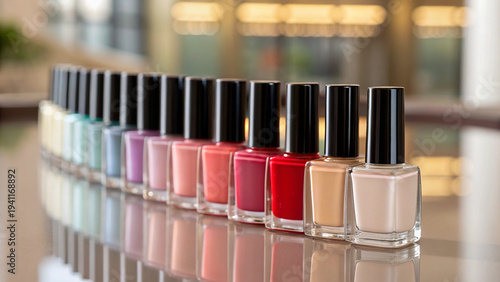 A row of colorful nail polish bottles on a reflective surface in a beauty salon or store with various shades and colors