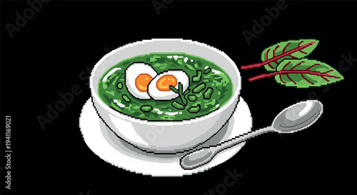 Pixel art spinach soup with sliced eggs and beet leaves