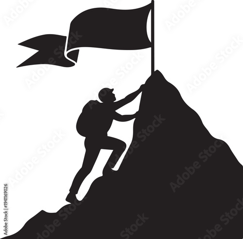 Man climbing mountain with flag on top silhouette graphic