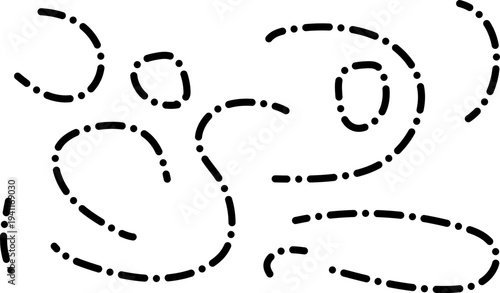 Abstract pattern of dashed lines and dots forming various curved shapes on a white background.