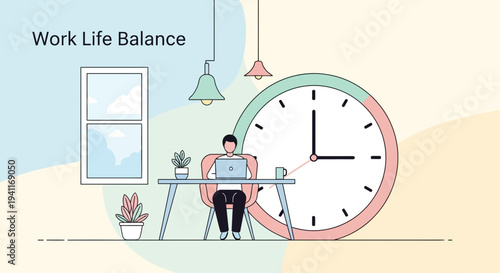Illustration of a person working at a desk with a large clock in the background symbolizing worklife balance.