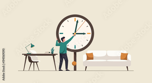Man Adjusting Clock Hands Time Management and Control Concept.