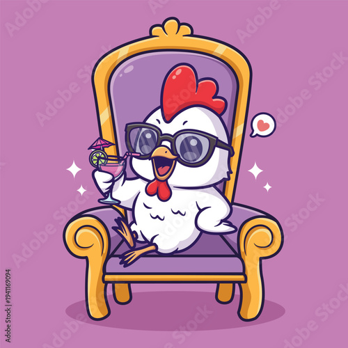 Cute  Chicken on Throne Drinking Cocktail Cartoon Illustration