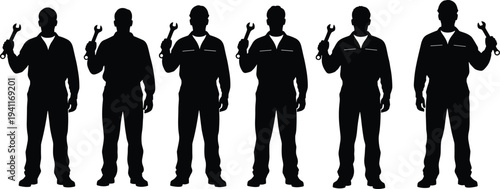 Professional mechanic silhouettes set, repairman holding wrench wearing uniform, technician worker vector graphics, maintenance