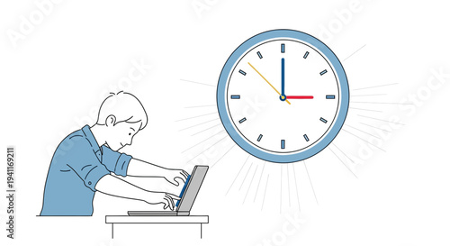 Man working on laptop with clock indicating time pressure.