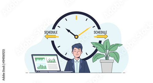 Manages Time Effectively with Schedule Laptop Clock and Plant in Office Setting.