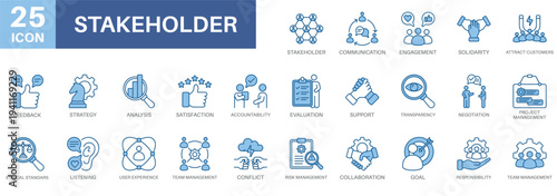 stakeholder management icon set, communication, solidarity,feedback,accountability, and project management. Simple vector symbols for strategy and development