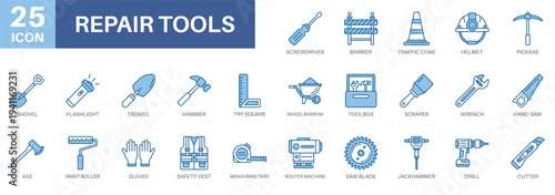 repair tools icon set, hammer, screwdriver,toolbox,safety vest, and measuring tape. Simple vector symbols for strategy and development