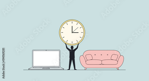 Person Holding Clock Between Laptop and Couch Time Management Concept.