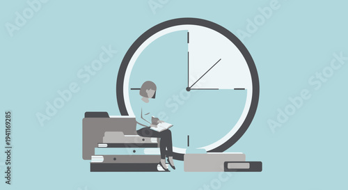 Person working with documents against a clock background symbolizing time management.