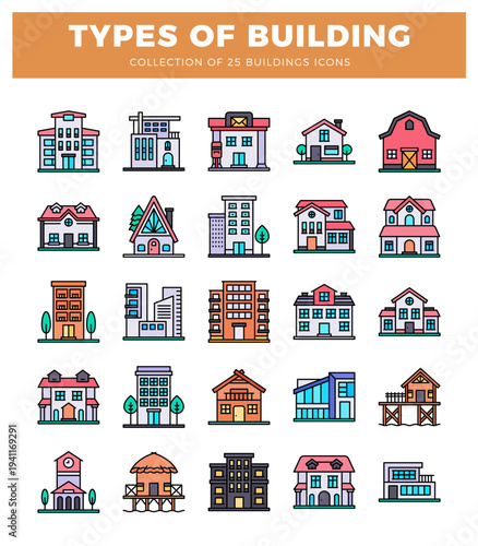 diverse building icons with colorful. flat designs on a white background.