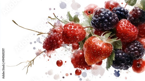 Watercolor berries: strawberries, blackberries, raspberries with artistic splash. Berry Fresh Month