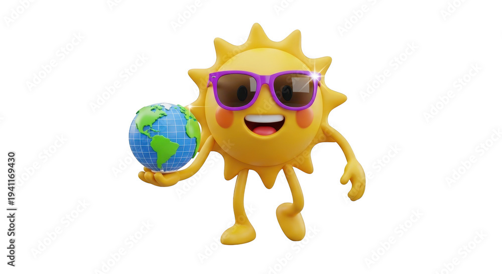 Fototapeta premium A cheerful cartoon lion holding a blue beach ball on a sunny day