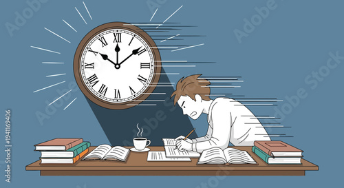 Stressed student studying with books and coffee racing against time.