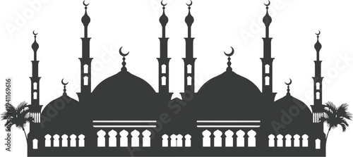 Illustration of a black silhouette of a mosque with domes and minarets