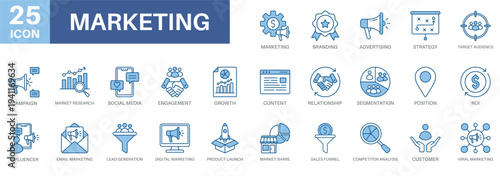 marketing icon set, digital marketing, promotion,advertising, sales funnel, and market share. Simple vector symbols for strategy and development