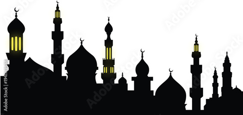 Illustration of a silhouette of a mosque cityscape with minarets and domes
