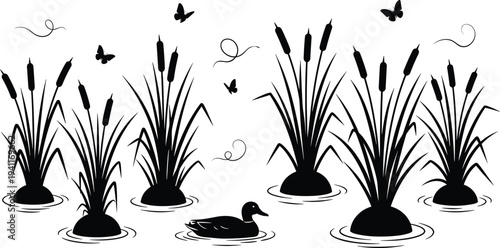 Serene nature scene vector illustration with a duck swimming among cattail plants, butterflies, and water ripples for peaceful outdoor design.