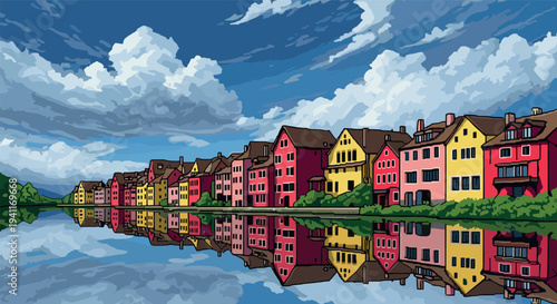 Colorful riverside houses with dramatic cloudscape and reflections