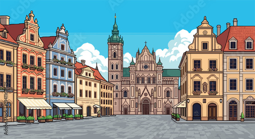 Rustic european town square with historical buildings and spires