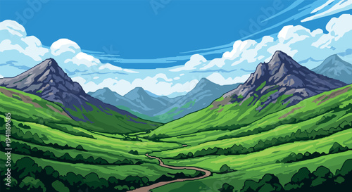Pixel art mountain landscape with lush green valleys under a clear blue sky