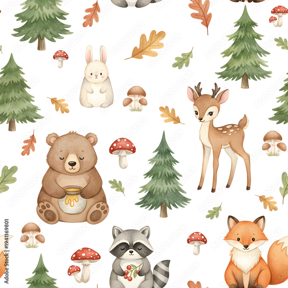 Naklejka premium Watercolor Woodland Animals Deer Bear and Fox Forest Pattern
