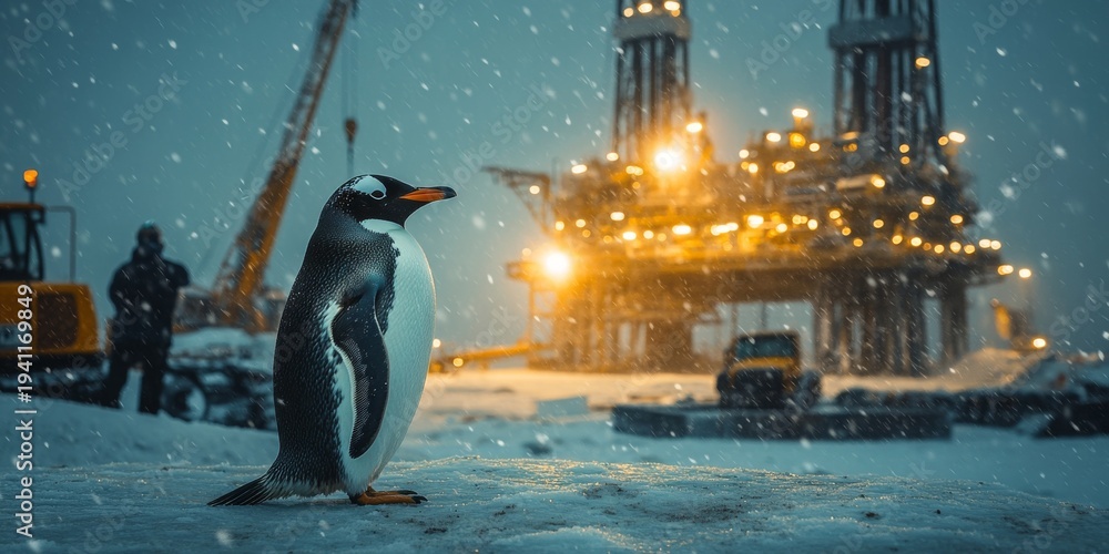 Fototapeta premium Gentoo penguin standing in snowy landscape with oil rig in background