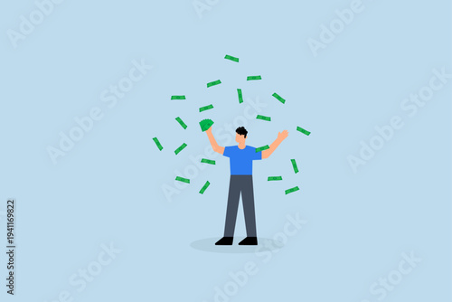 Earn money make profit from investment, Successful millionaire businessman joyfully holding money as sign of financial success