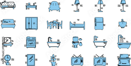 There is a grid of small, blue, cartoon-style icons that represent various furniture and household items. These icons are arranged in six rows and four columns, creating a visually well-organized 