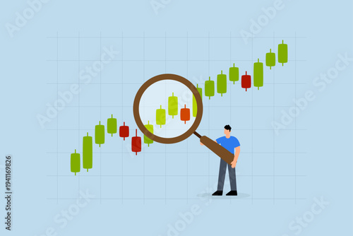 Stock market graph analysis,  businessman investor examining investment chart with magnifying glass