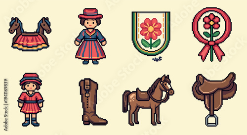Retro rodeo icons in pixel art style featuring cowboys, horses, and floral motifs