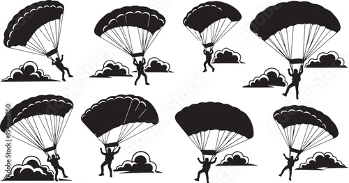 Parachutist Silhouettes in Various Skydiving Positions and Cloud Formations