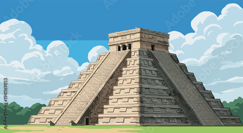 Pixel art of ancient pyramid with clear sky and clouds