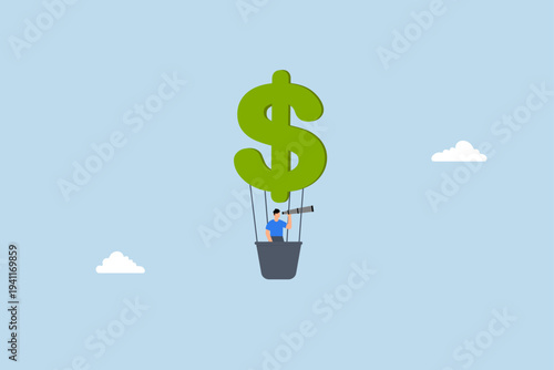 Economic prediction, investor businessman floats on balloon adorned with dollar signs while peering through a telescope.