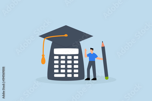 Student loan calculation, graduate is standing with mortar board hat and calculator.