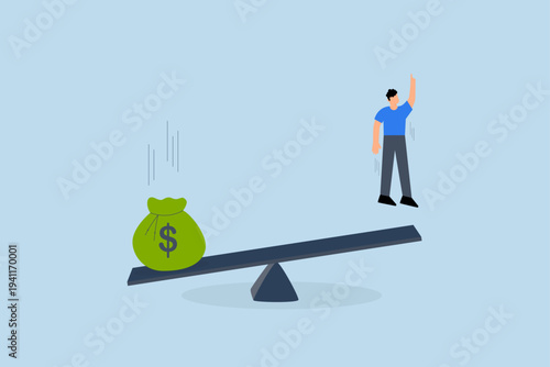 Business loan  to start new company, large bag of money falls onto seesaw lifting the business owner high in the air.