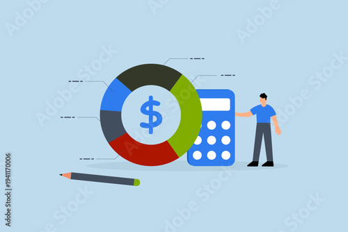 Cost structure, Businessman holding calculator showing a pie chart of costs.