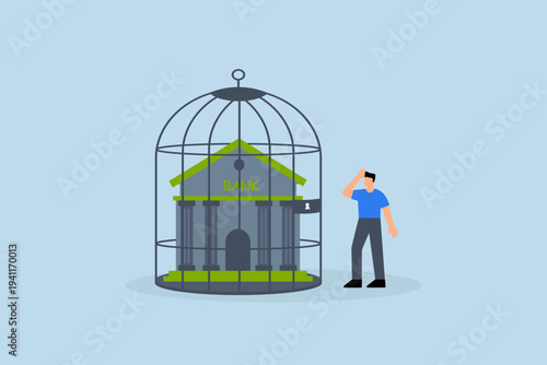 Financial sanction disconnect from SWIFT international money transfer, businessman observes a bank building enclosed within bird cage.