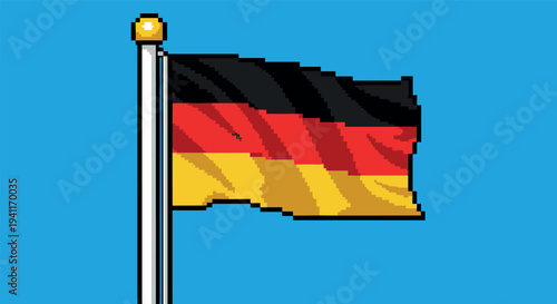 Pixelated german flag on blue sky background with flagpole detail