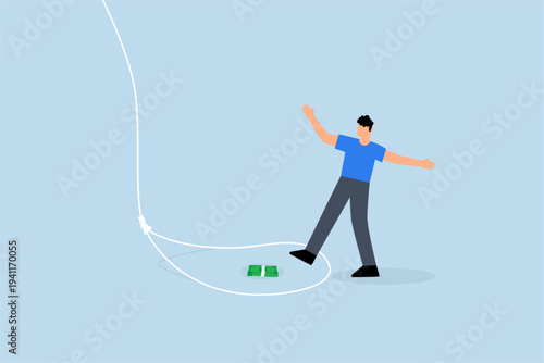 Money trap to trick greed people, businessman attempts to navigate tricky rope trap in order to obtain bundle of money banknotes