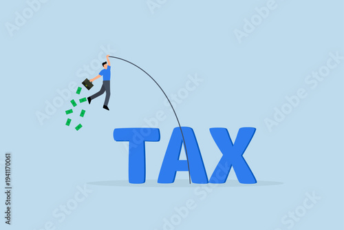 Overcome tax problem, businessman holding briefcase full of money confidently pole vaults over the word TAX.