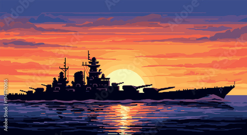 Pixel art battleship silhouette on sunset horizon with reflective ocean waters